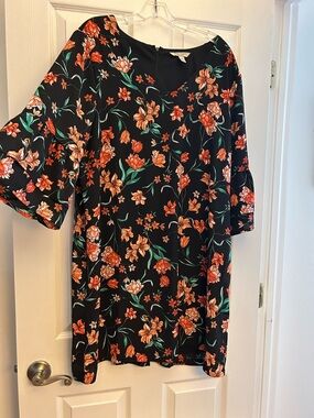 Black Floral Shift Dress with Orange Blooms
